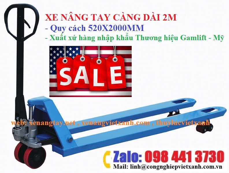 xe nâng tay dài 2m càng hẹo 520x2000mm