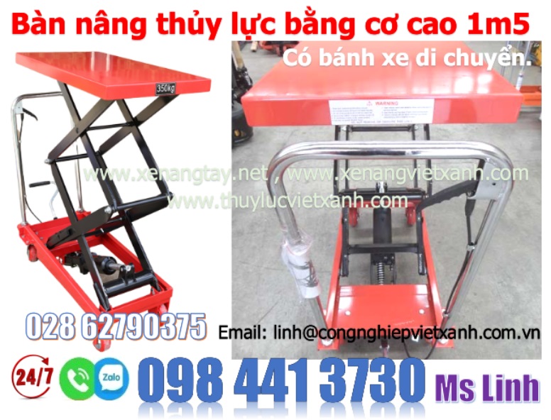 Bàn nâng tay thủy lực 350kg nâng cao 1m5