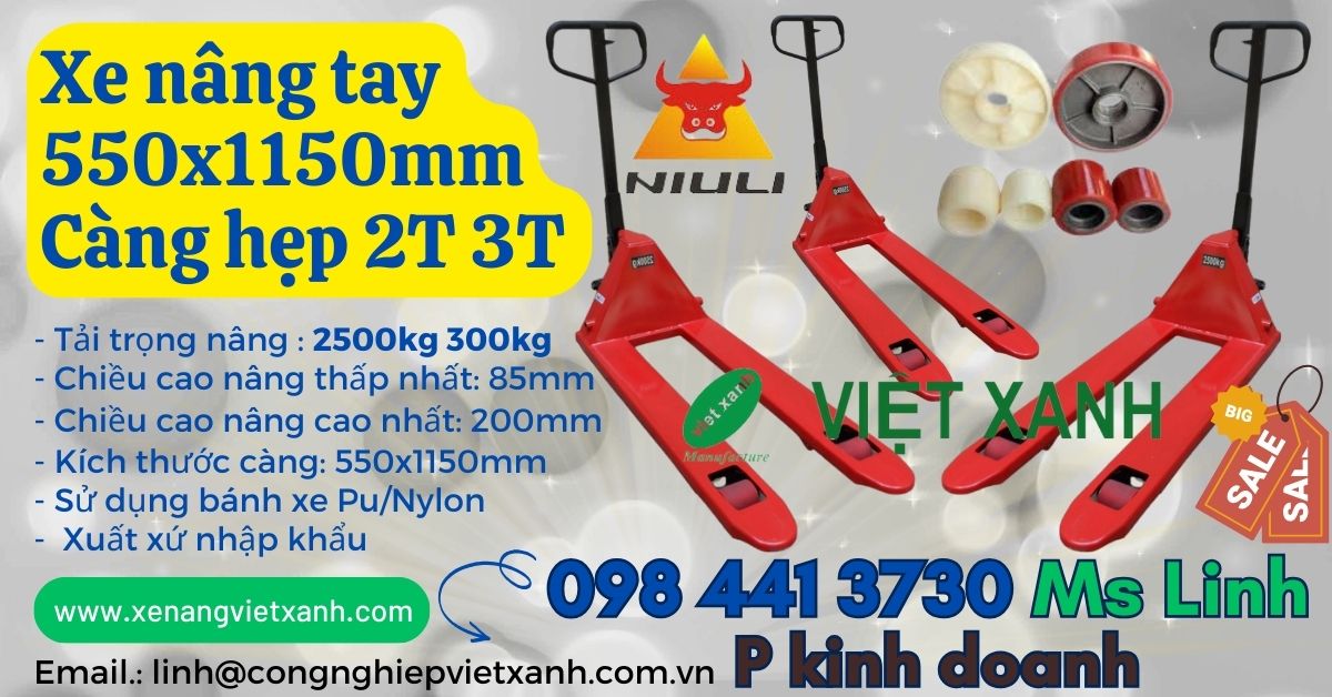 Xe nâng tay 550x1150mm càng hẹp 2500kg 3000kg